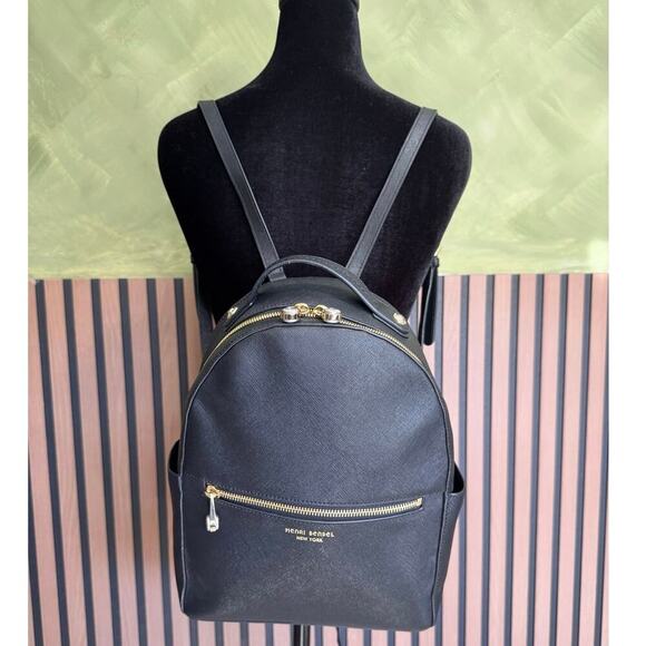 Henri Bendel West 57th Backpack Leather Round Bag Adjustable Straps Black Gold - Picture 2 of 7